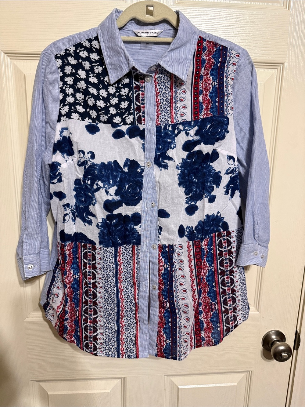 Allison Daley Blue, Navy & Red Patchwork Button-Front Shirt